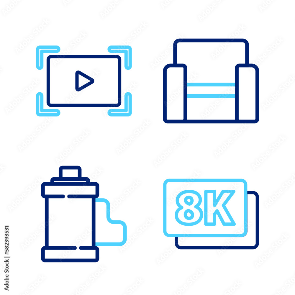 Set line 8k Ultra HD, Camera film roll cartridge, Cinema chair and Online play video icon. Vector Set line 8k Ultra HD, Camera film roll cartridge, Cinema chair and Online play video icon. Vector