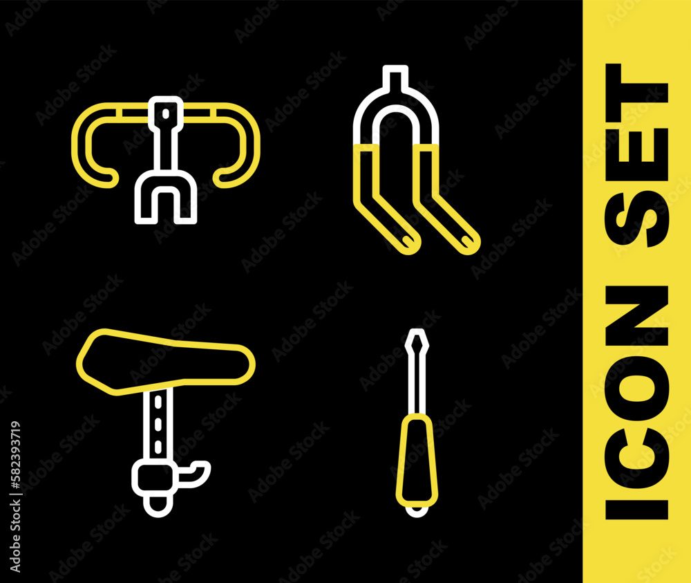 Set line Bicycle fork, Screwdriver, seat and handlebar icon. Vector
