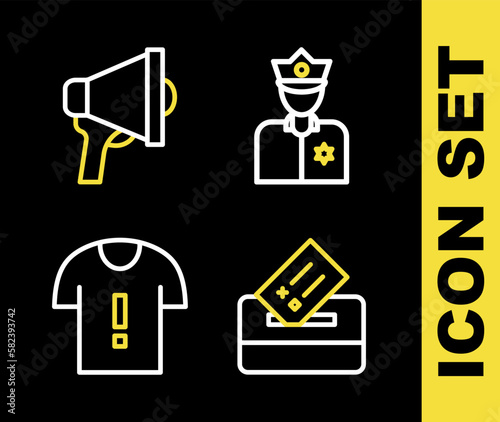 Set line Police officer, Vote box, T-shirt protest and Megaphone icon. Vector