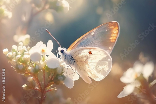 Beautiful Butterfly on a delicate white spring flower in spring in the rays of transparent sunlight of the morning sun, soft focus macro. Beautiful background of Easter spring nature