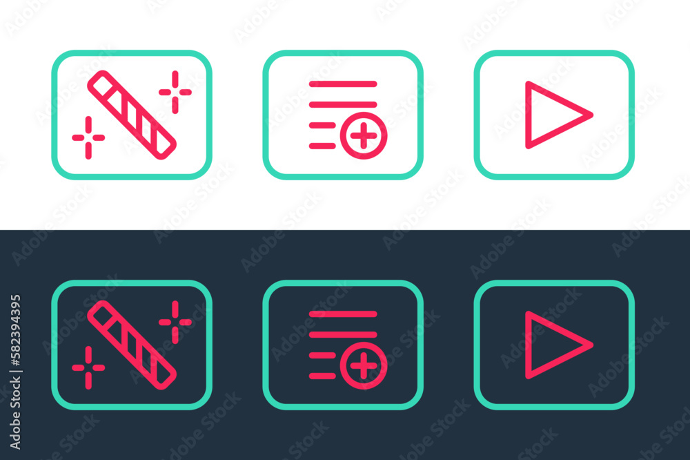 Set line Play button, Photo retouching and Add playlist icon. Vector Set line Play button, Photo retouching and Add playlist icon. Vector