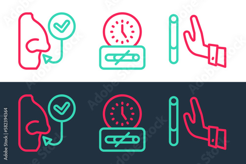 Set line Giving up cigarette, Healthy breathing and No smoking time icon. Vector