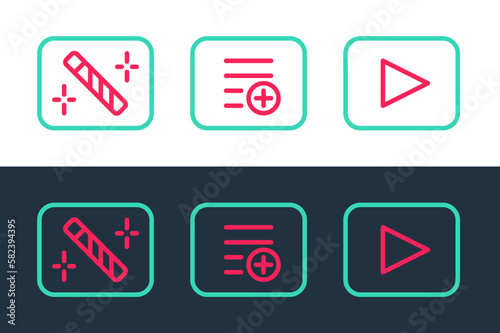 Set line Play button, Photo retouching and Add playlist icon. Vector