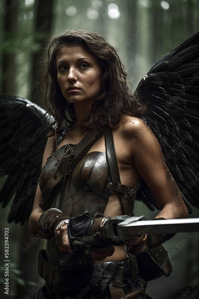 Brunette female Archangel with a spear and medieval armor standing in the forest. Fantasy wallpaper or coverdesign created with Generative Ai