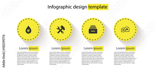 Set Dirty water drop, Crossed hammer and wrench, Drawer with documents and Question Answer. Business infographic template. Vector