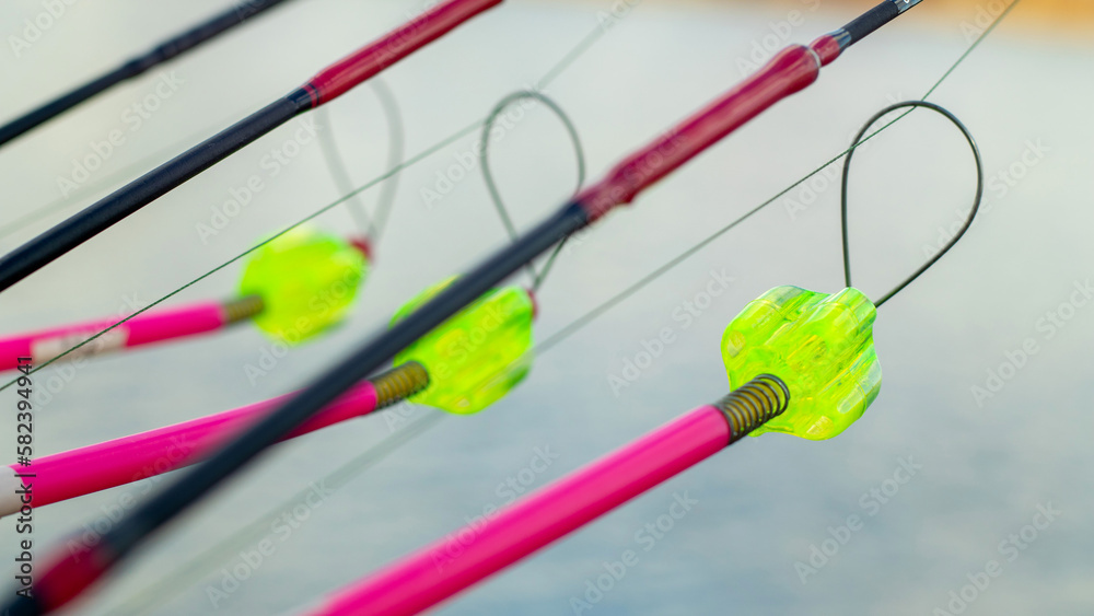 The bite alarm hangs on a fishing rod against the background of water. Fishing rod while fishing on the lake, river. Fishing tackle. Carp rod on a stand with a bite alarm on the line. The bite alarm hangs on a fishing rod against the background of water. Fishing rod while fishing on the lake, river. Fishing tackle. Carp rod on a stand with a bite alarm on the line.