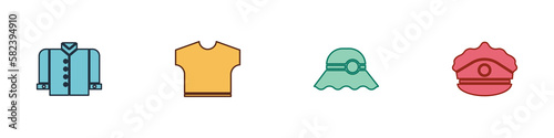 Set T-shirt, , Elegant women hat and Police cap with cockade icon. Vector