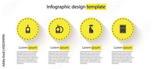 Set Hand sanitizer bottle, Dishwashing liquid plate, Spray with detergent and Cleaning service for windows. Business infographic template. Vector