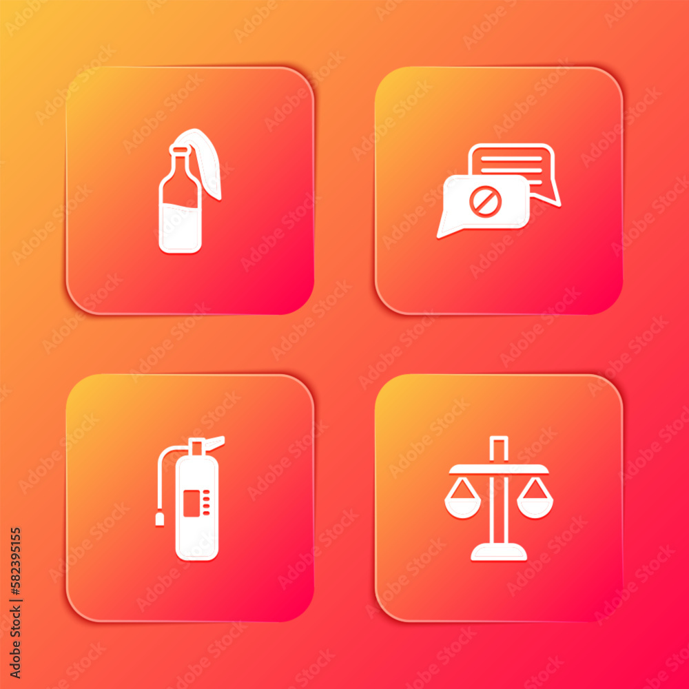 Set Cocktail molotov, Speech bubble chat, Fire extinguisher and Scales of justice icon. Vector Set Cocktail molotov, Speech bubble chat, Fire extinguisher and Scales of justice icon. Vector