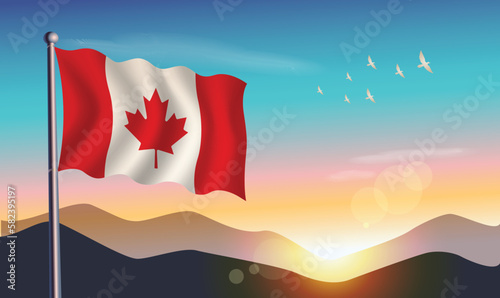 Canada flag with mountains and morning sun in background