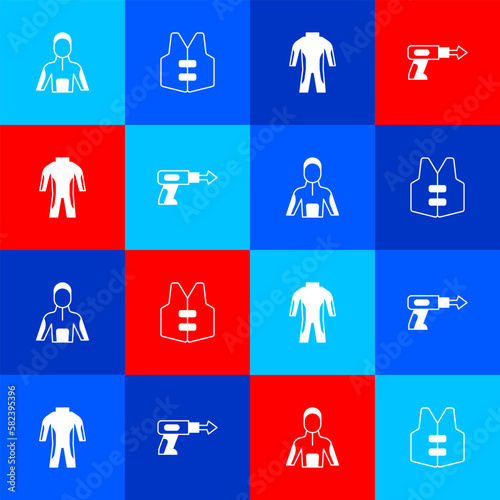 Set Wetsuit for scuba diving, Life jacket, and Fishing harpoon icon. Vector