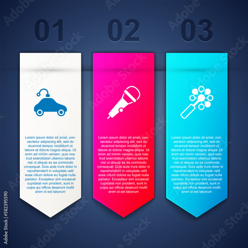 Set Radio controlled car toy, Microphone and Rattle baby. Business infographic template. Vector