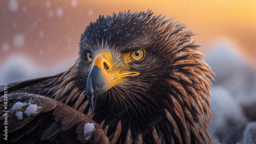 Naklejka premium Close-up face of golden eagle's head and showing its brown and white plumage. Generative AI