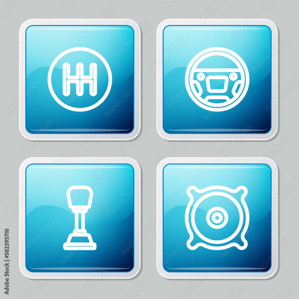 Set line Gear shifter, Steering wheel, and Car audio speaker icon. Vector