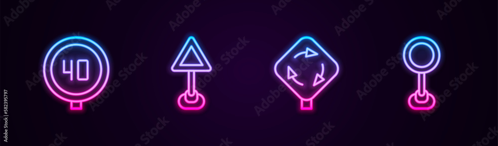 Set line Speed limit traffic, Triangle warning blank, Roundabout sign and Road. Glowing neon icon. Vector Set line Speed limit traffic, Triangle warning blank, Roundabout sign and Road. Glowing neon icon. Vector