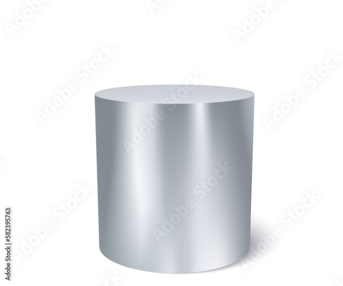 Podium silver steel cylinder, product stand or display, vector 3d. Silver metal podium or pedestal base background of platform pillar for luxury product display shelf