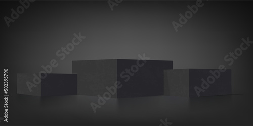 Black podium background or product display, vector 3d stand. Podium stage or platform and realistic pedestal for product presentation display