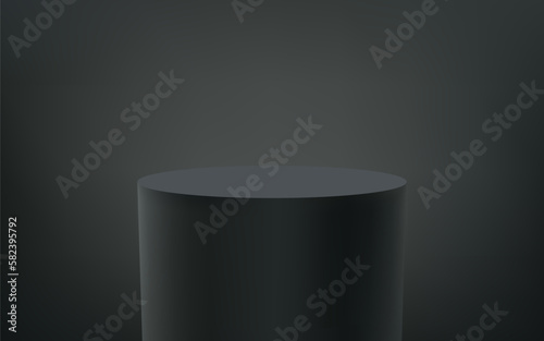 Black produck podium background, black pillar column or product display, vector 3d stand. Podium stage or cylinder base platform, pillar pedestal for product showroom or presentation display