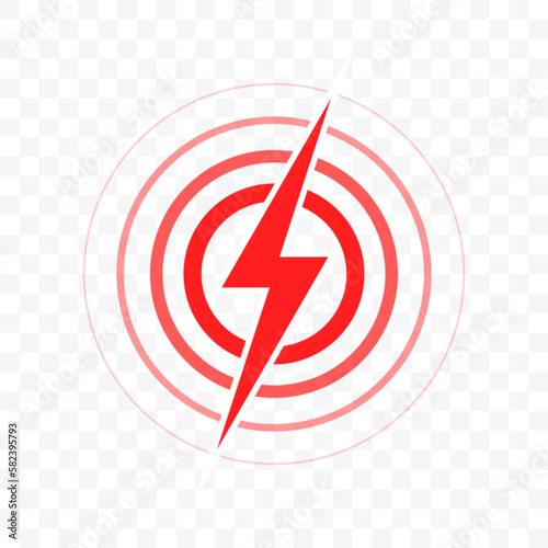 Acute joint pain or throat pain target red circle with vector thunder flash icon, pain localization spot of sore hurt and ache of toothache, stomach pain and headache