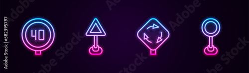 Set line Speed limit traffic, Triangle warning blank, Roundabout sign and Road. Glowing neon icon. Vector