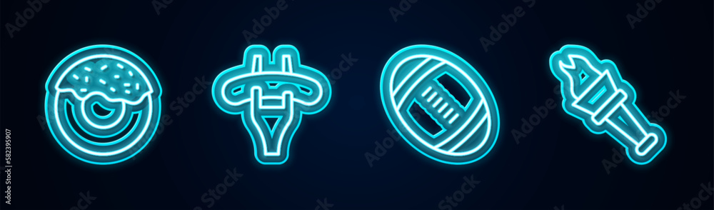 Set line Donut, Sausage the fork, American Football ball and Torch flame. Glowing neon icon. Vector Set line Donut, Sausage the fork, American Football ball and Torch flame. Glowing neon icon. Vector