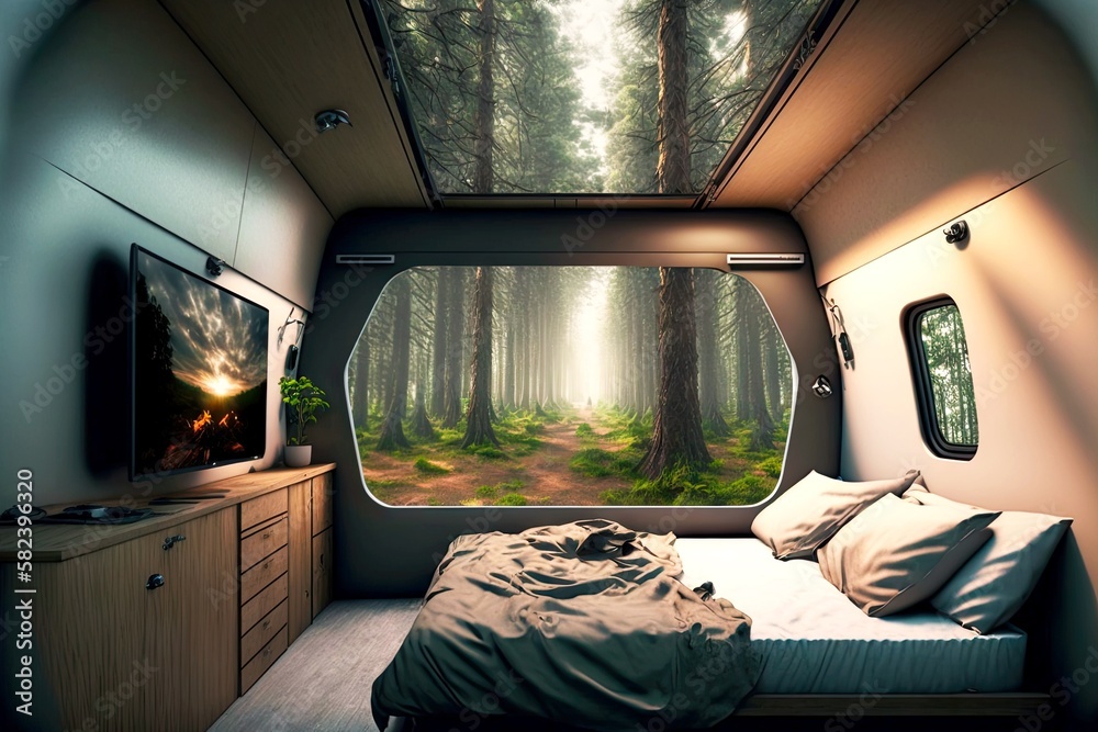 interior bedroom trailer tiny house for travel with forest panorama, created with generative ai - obrazy, fototapety, plakaty 