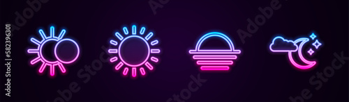 Set line Eclipse of the sun, Sun, Sunset and Cloud with moon and stars. Glowing neon icon. Vector