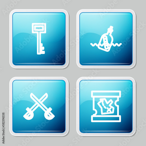 Set line Pirate key, Bottle with message in water, Crossed pirate swords and treasure map icon. Vector