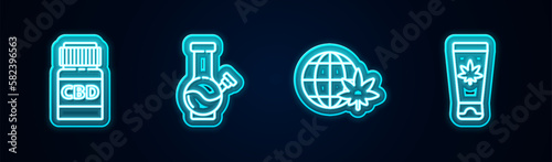 Set line Medical bottle with cannabis, Glass bong for smoking marijuana, Legalize globe and cream. Glowing neon icon. Vector