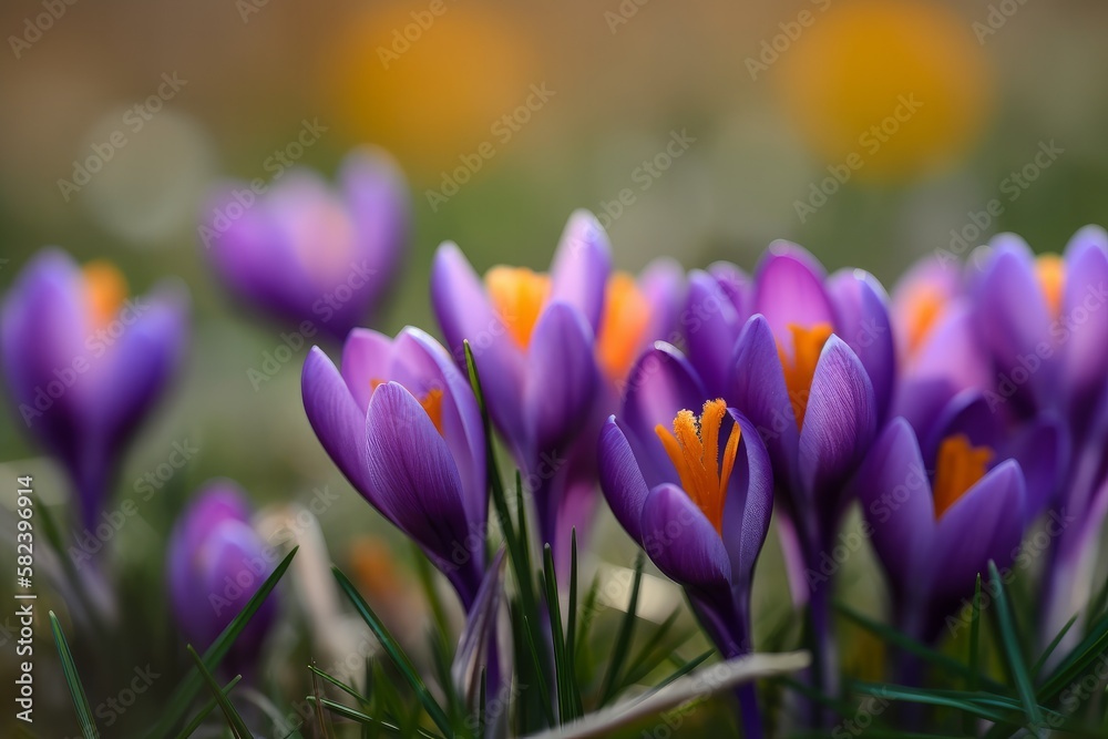 Krokusse im Frühling auf einer Wiese - Nahaufnahme von Krokus Blumen Krokusse im Frühling auf einer Wiese - Nahaufnahme von Krokus Blumen