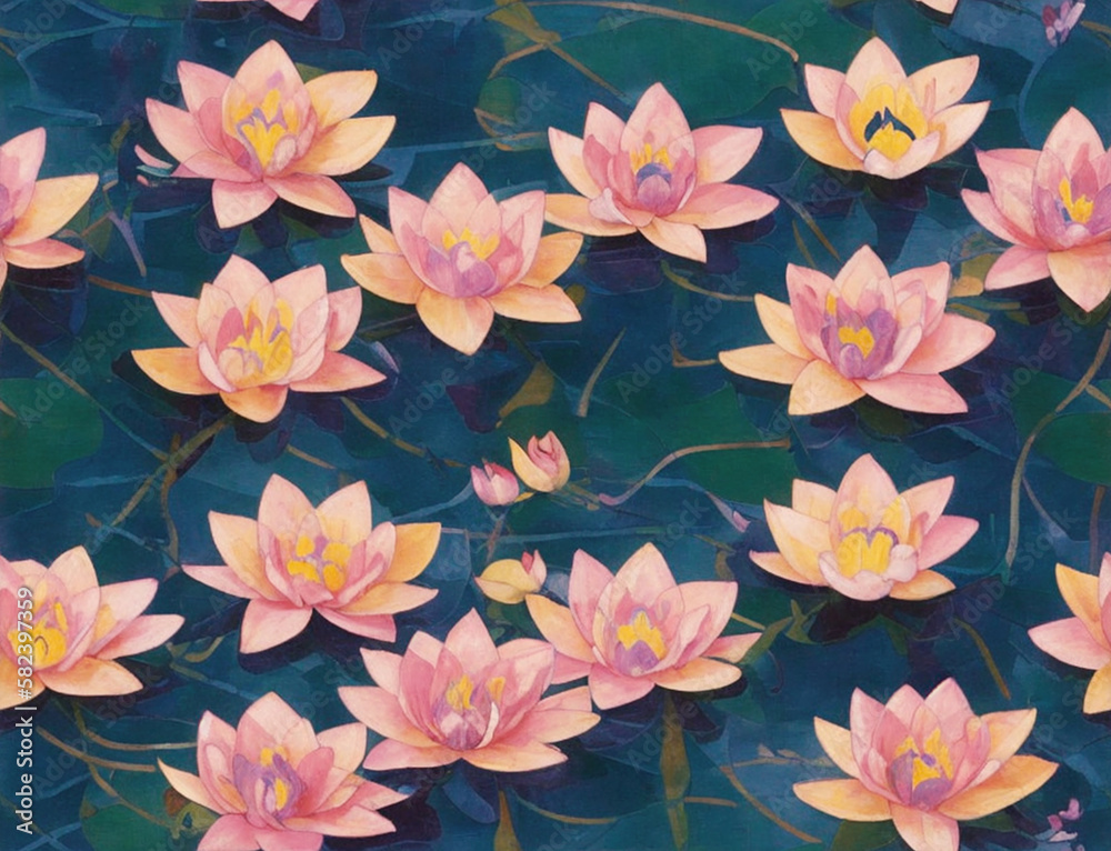 Seamless pattern with lotuses in the pond. Decorative painting, Generative AI Seamless pattern with lotuses in the pond. Decorative painting, Generative AI