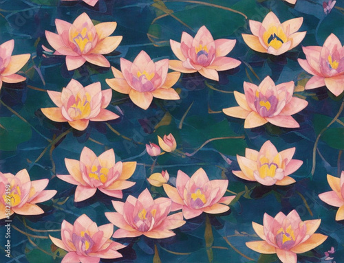 Seamless pattern with lotuses in the pond. Decorative painting, Generative AI