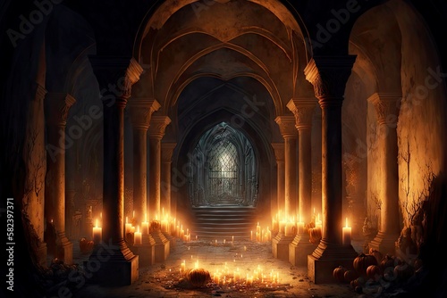 story of burning candles under arches in family crypt of tomb in church, created with generative ai
