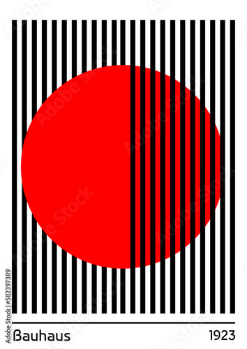 Cartel geométrico de bauhaus de 1923, ilustración bauhaus con circulo rojo entre celdas negras, poster de bauhaus arquitectura con circulo y lineas verticales negras. Cartel minimalista de bauhaus 