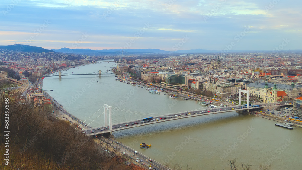 Spring Budapest, city panorama, dusk, Danube, bridges across the river
