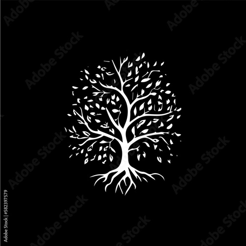 Tree with leaves silhouette icon, knowledge symbol, education abstract sign, lumberjack logo concept, carpentry logotype, t-shirt print, life symbol on black background. Isolated vector illustration