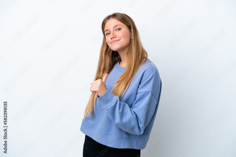 Young blonde woman isolated on white background proud and self-satisfied Young blonde woman isolated on white background proud and self-satisfied