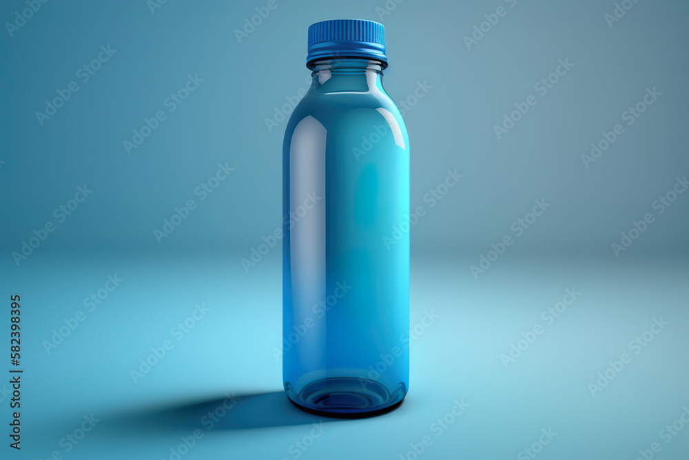 Blue water bottle, no text, neutral blue background (generative AI) Blue water bottle, no text, neutral blue background (generative AI)