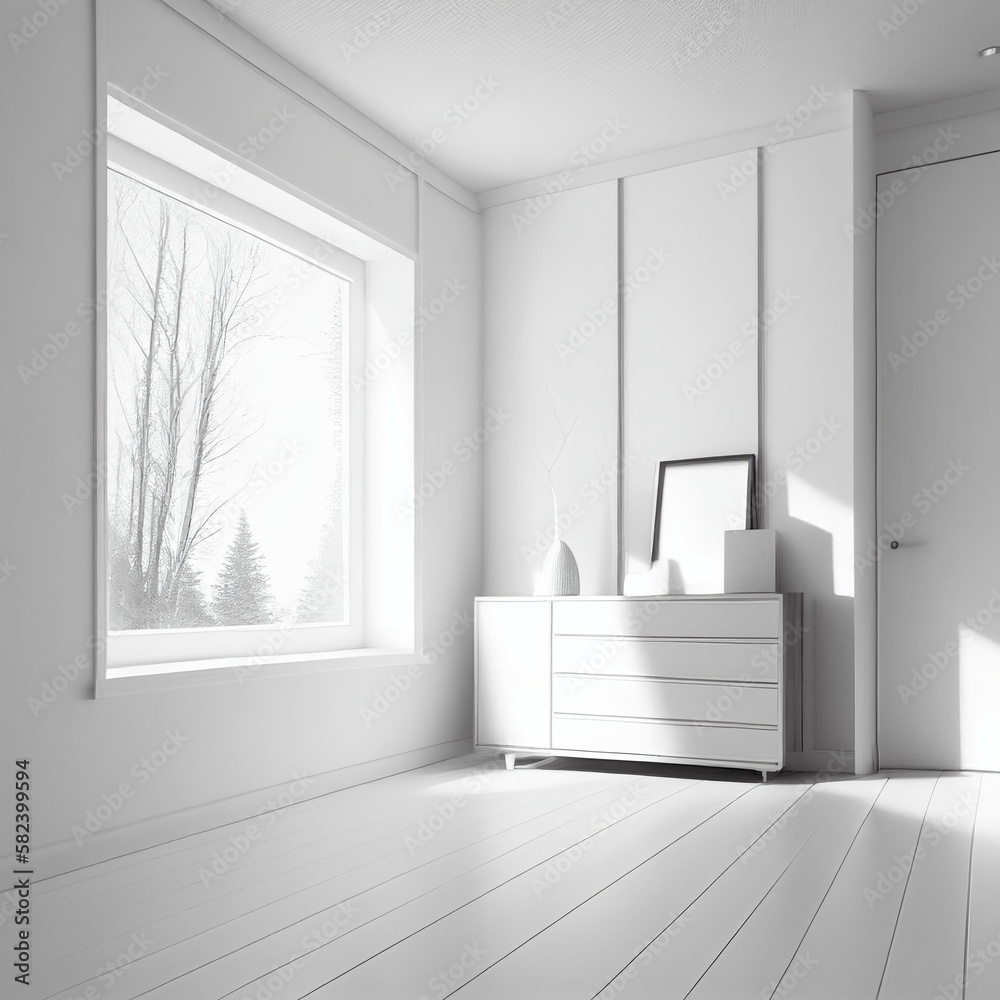 Fototapeta premium White empty minimalist room interior with dresser on a wooden floor, decor on a large wall, white landscape in window. Background interior. Home noridc interior. 3D illustration