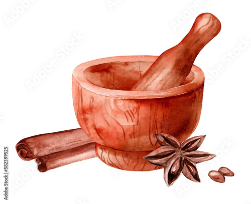 Star anise, cinnamon and mortar. Hand drawn watercolor painting isolated on white background