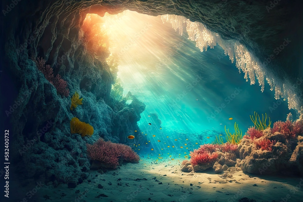 Photo underwater cave with coral reefs deep on ocean floor in rays of