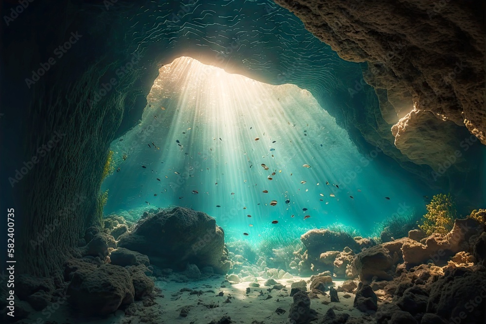 deep underwater cave with stones under rays of sun, created with ...