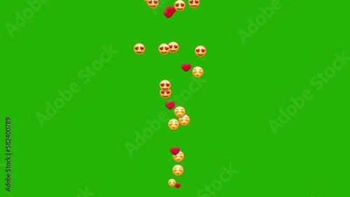 Social media emojis of hearts, smiles animation flying moving upwards direction while chatting and streaming meetups 