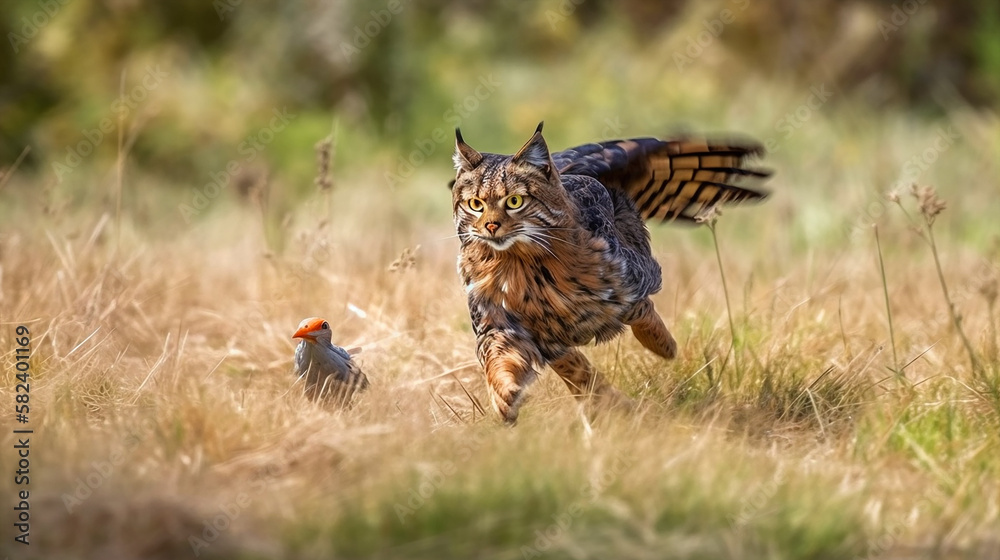 a cat is hunting a wings spread open bird from behind. Generative AI	