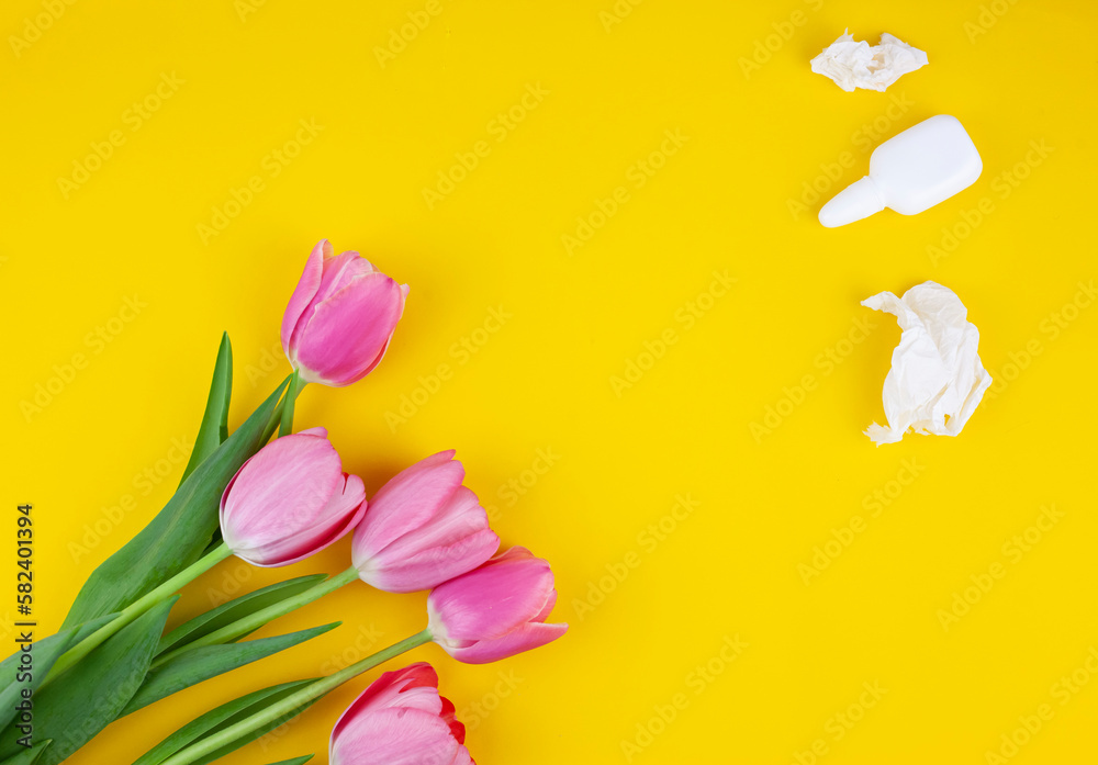 Allergic sufferer has red eyes, runny nose, stuffy, suffering from pollen allergy symptoms, spring fever, hold, flower, plant, tissue, trigger reaction, isolated on pastel yellow studio background.