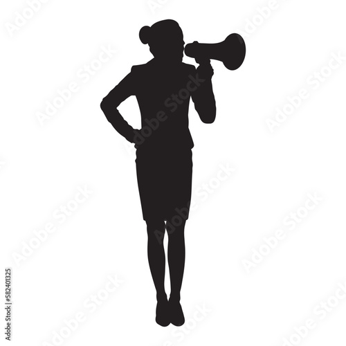 Young woman shouting trough megaphone vector silhouette.