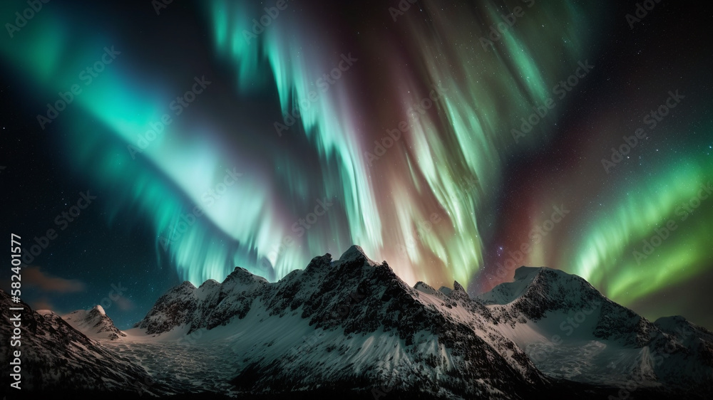 Winter landscape in the mountains with green northern light, natural phenomena. Generative AI