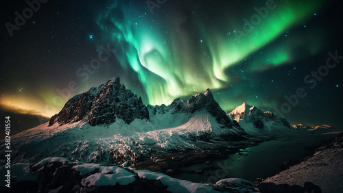 Amazing view of the night sky with northern light over icy mountain and snow, aurora borealis © Fonzy