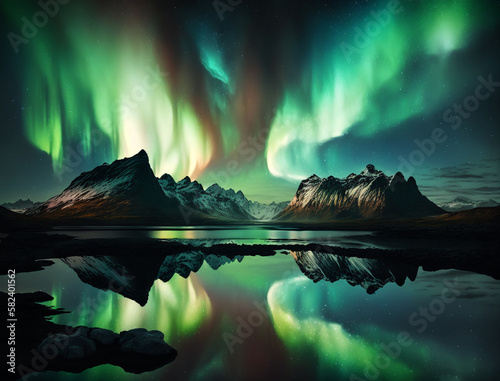 Panorama of aurora borealis over spirit island on beautiful lake in the night, night winter landscape. Generative AI