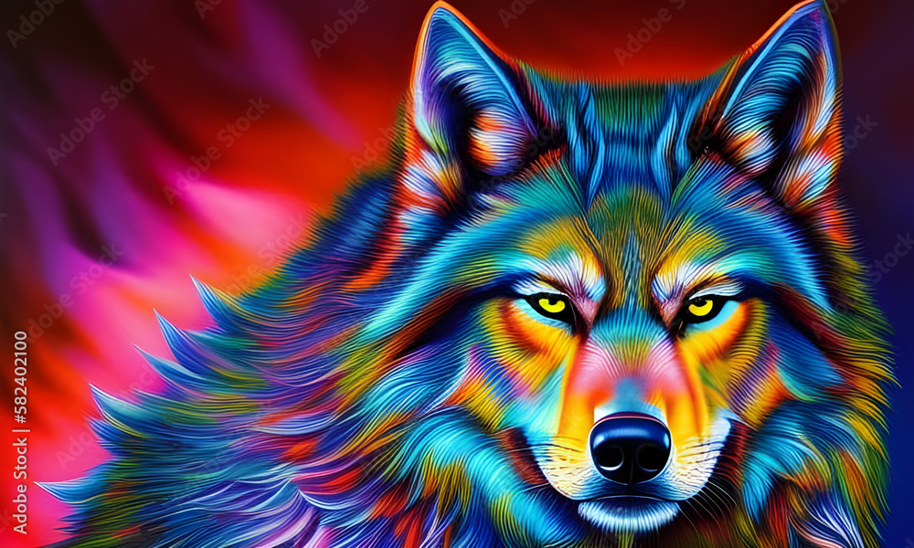 Fototapeta Portrait of a wolf in neon colors with a flaming red background. Generative AI.